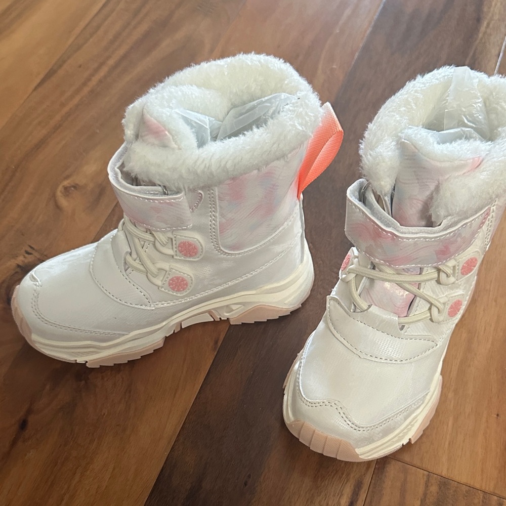 Kids White and Pink Winter Boots - Plush Lining